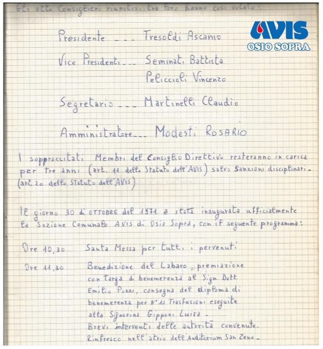 Fondazione Ufficiale Avis Osio Sopra 30 Ottobre 1971
